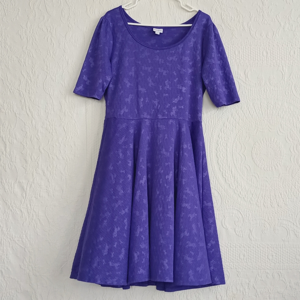 LuLaRoe Purple Unicorn Fit N Flare Midi Dress Stretchy Textured Fantasy Colorful - Picture 13 of 13